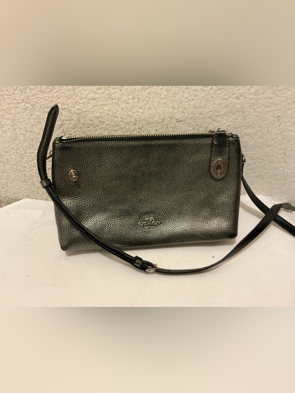 Coach Crosby double zip Metallic Silver-Black Pebbled Leather Crossbody
